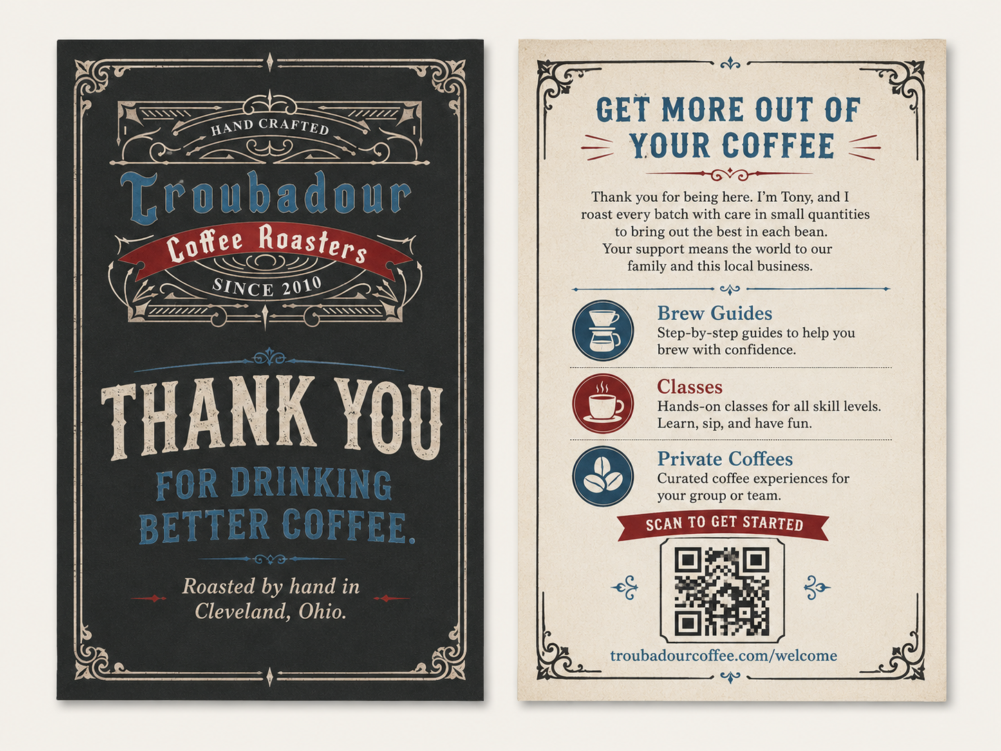 Troubadour front-and-back welcome insert introducing brew guides, classes, and private coffee experiences through a QR code