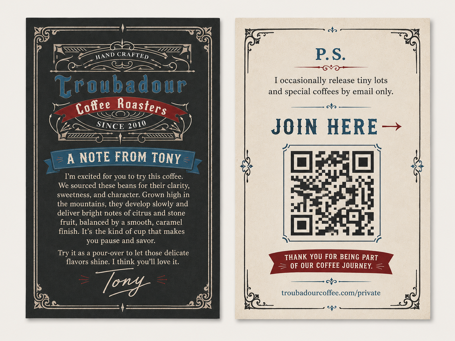 Troubadour front-and-back printed insert with a note from Tony and a QR invitation to email-only coffee releases