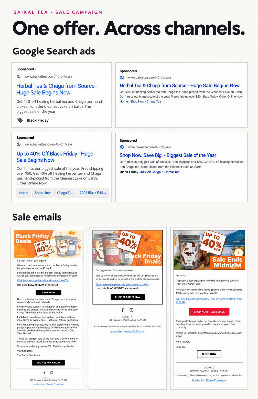 Restyled presentation of Baikal Tea Google sale ads and promotional emails