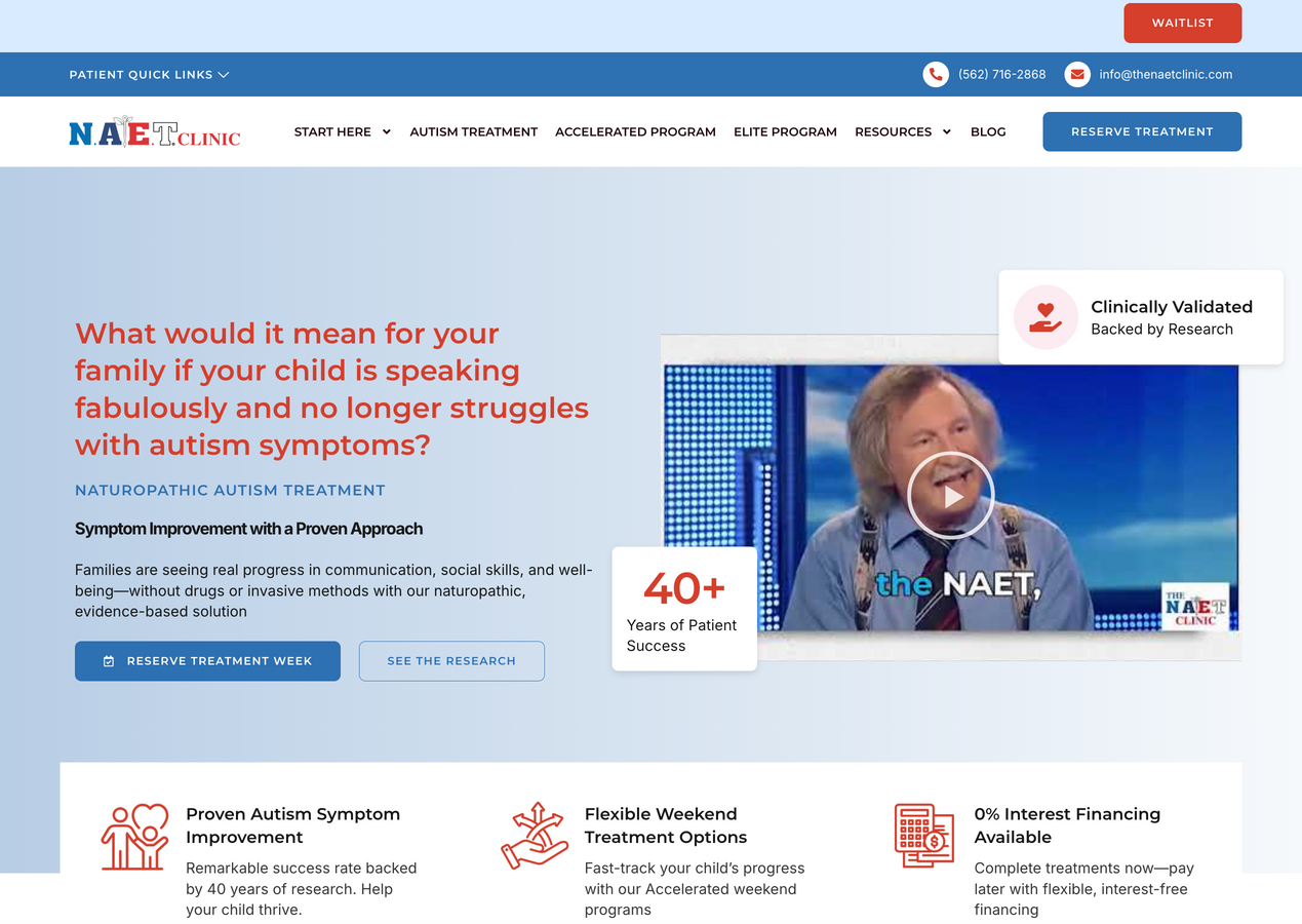 Original N.A.E.T. clinic website with educational video and clear booking actions