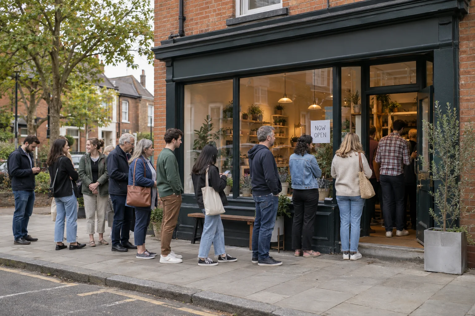 Illustrative opening-day scene with customers lined up outside a neighbourhood shop