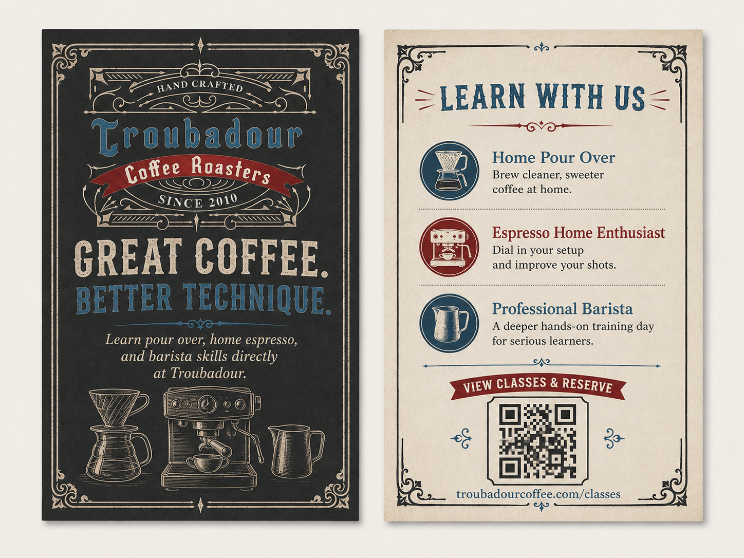 Actual Troubadour printed handout introducing coffee classes